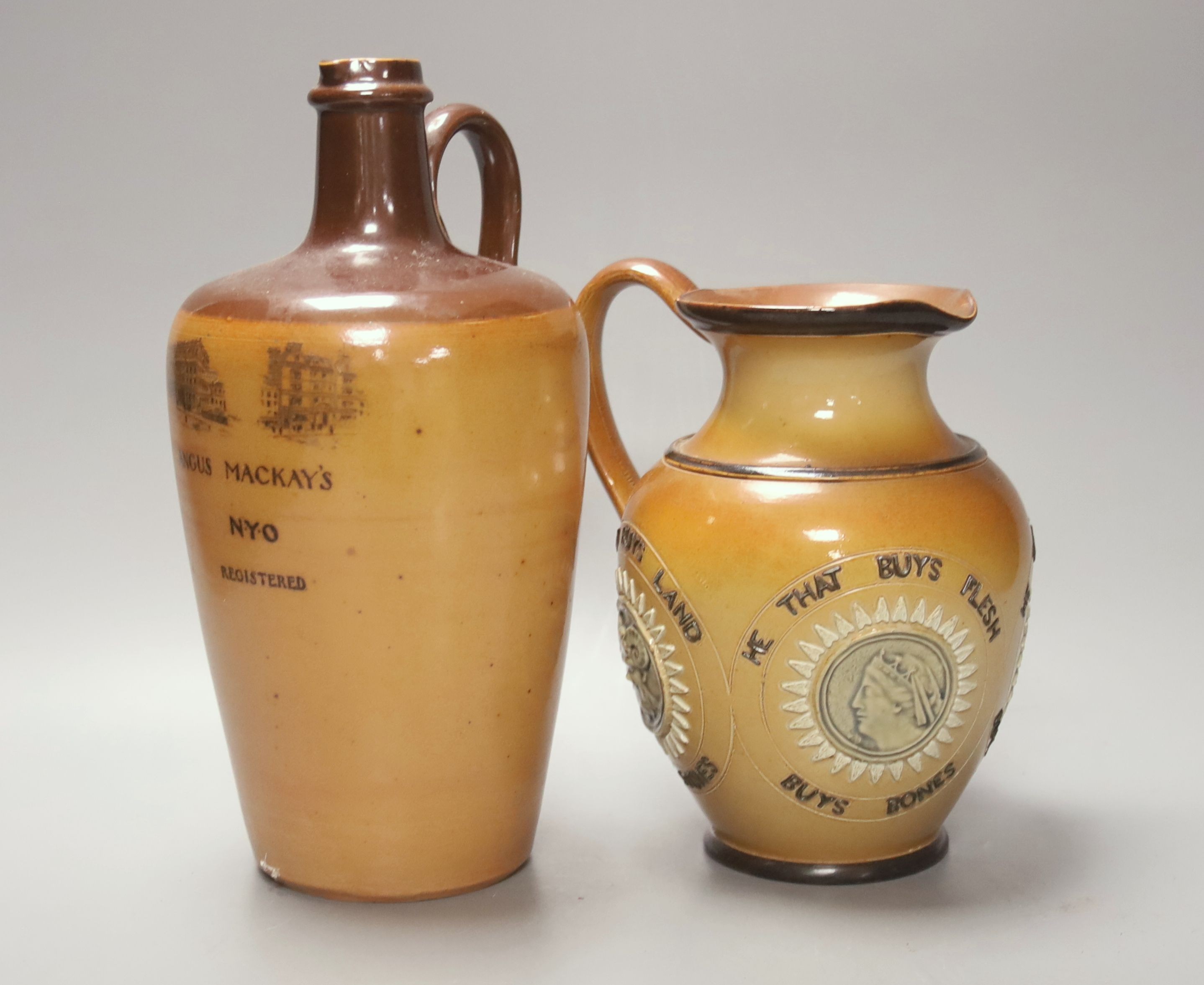 A Doulton Lambeth Angus Mackay's N.Y.O. stoneware flagon, 26cm, and a similar motto jug, 19cm